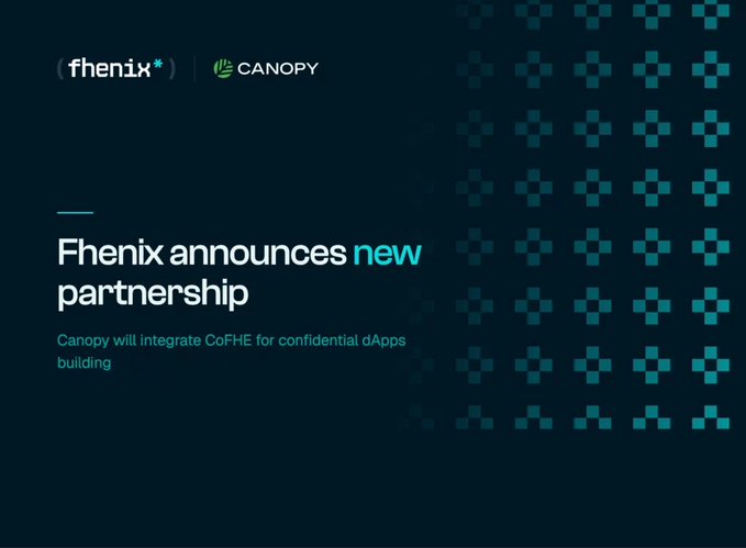 An announcement graphic for a new partnership between Fhenix and Canopy, with text 'Fhenix announces new partnership - Canopy will integrate CoFHE for confidential dApps building'.