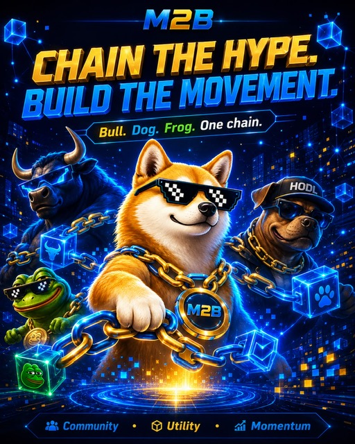 A promotional graphic for 'M2B' cryptocurrency featuring a Shiba Inu dog in pixel sunglasses, a bull, a dog wearing a 'HODL' cap, and a frog, with the text 'CHAIN THE HYPE. BUILD THE MOVEMENT.' and 'Bull. Dog. Frog. One chain.'