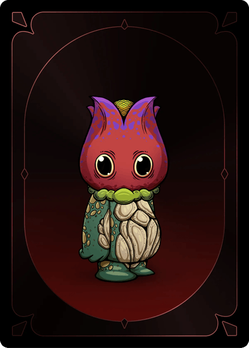 An artistic illustration of a small creature with a purple and pink butterfly-like head, large expressive eyes, and a textured body in shades of green, cream, and purple, set against a dark red background with a decorative frame.