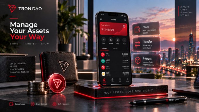 A promotional banner for 'TRON DAO' cryptocurrency wallet displaying 'Manage Your Assets Your Way' and 'STORE • TRANSFER • GROW' with a smartphone showing a $12,450.00 total balance.