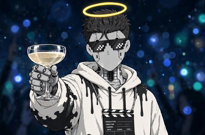 An anime-style illustration of a character with a glowing yellow halo and pixelated sunglasses, wearing a white hoodie and holding up a coupe glass filled with a light-colored beverage, with a clapperboard hanging from a chain around their neck.