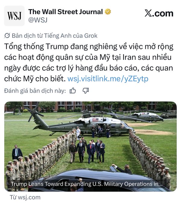 A Wall Street Journal X.com post in Vietnamese reports that President Trump is leaning toward expanding U.S. military operations in Iran after days of briefings from top aides, accompanied by an image showing military personnel lined up beside a Marine One helicopter on a lawn. The post connects to the caption's mention of Middle East conflict escalation, which is cited as a factor causing market shakiness even as Bitcoin's uptrend channel remains intact with a target of $68k.