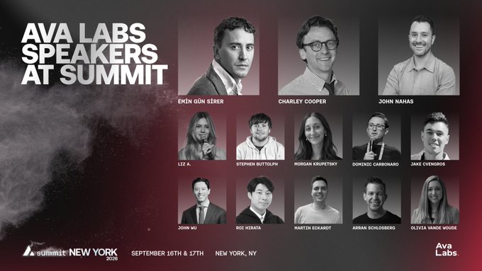 A promotional poster titled 'AVA LABS SPEAKERS AT SUMMIT' featuring headshots of speakers including Emin Gün Sirer, Charley Cooper, John Nahas, Liz A., Stephen Buttolph, Morgan Rupert, Dominic Carbonaro, Jake Cyganor, John Wu, Roc Hieata, Martin Eckardt, Adrian Schlosser, and Olivia Vande Woude, for Summit New York 2026 on September 16th & 17th.