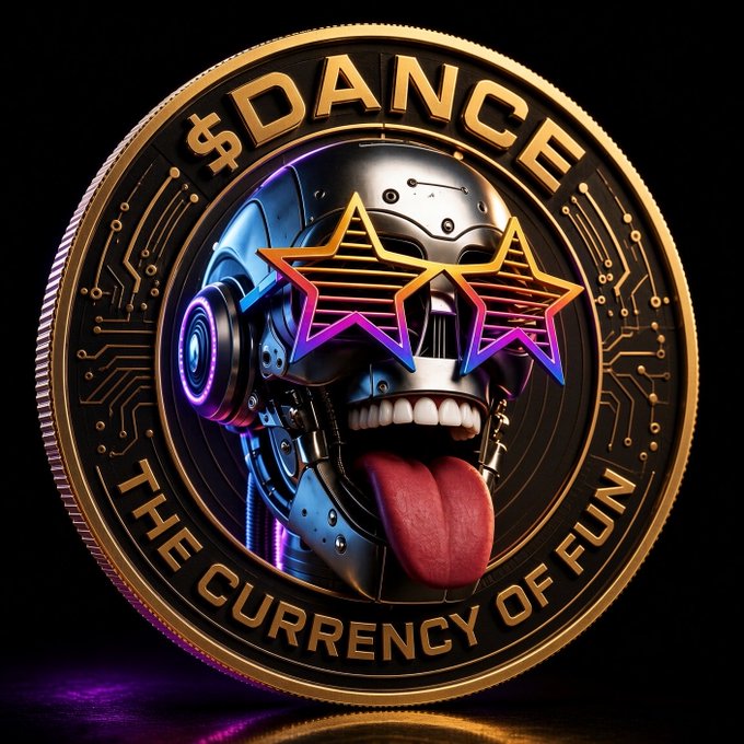 A digital coin design featuring a robotic head with star-shaped sunglasses and a protruding tongue, encircled by the text '$DANCE' at the top and 'THE CURRENCY OF FUN' at the bottom.