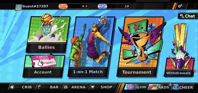 A basketball video game menu screen showing options like Ballies, Account, 1-on-1 Match, Tournament, and Withdrawals, with a guest user 'Guest#27207' at the top.