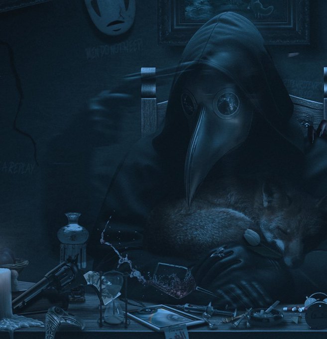 A dark, eerie scene featuring a figure wearing a black plague doctor mask holding a fox, seated behind a table cluttered with strange objects, guns, and a hourglass, in a dimly lit room.