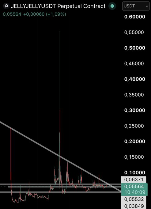 The image shows a JELLYJELLYUSDT perpetual contract trading chart with a current price of 0.05564, up +1.09%, displaying a descending trendline breaking down through key support levels around 0.06371 toward 0.05532 and 0.03849, illustrating the bearish technical analysis referenced in the post about $JELLYJELLY.