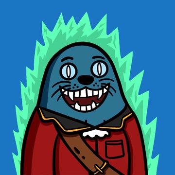 A cartoon illustration of a grinning blue seal-like character with whiskers, wearing a red garment and brown strap, surrounded by blue flames.