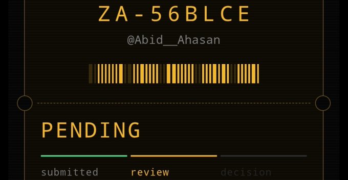 A dark interface displaying a tracking code 'ZA-56BLCE' for user '@Abid_Ahasan' with a yellow barcode and a 'PENDING' status showing progress through 'submitted', 'review', and 'decision' stages.