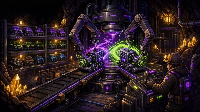 A dark, futuristic illustration of a factory or underground facility with a mechanical arm processing glowing green and purple items, overseen by a worker at a control panel.