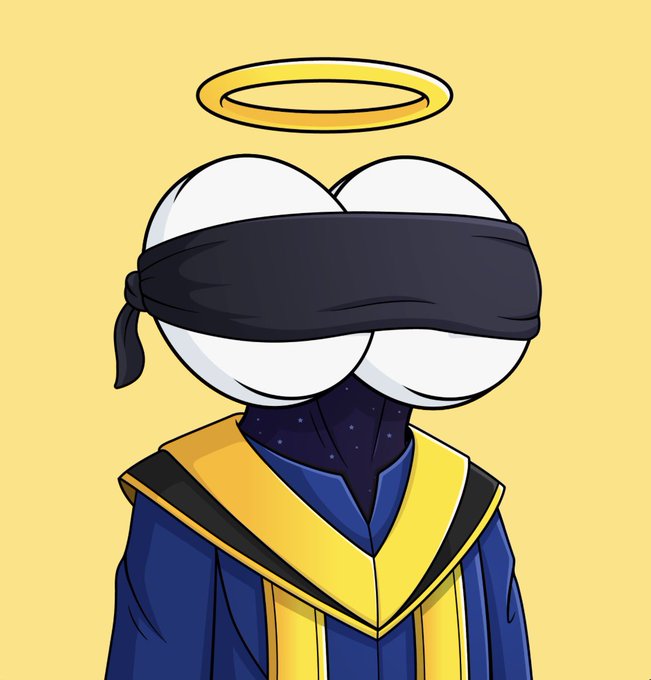 A cartoon illustration of a figure with a blindfold over large bulbous eyes, wearing a blue and yellow outfit, with a golden halo floating above its head.