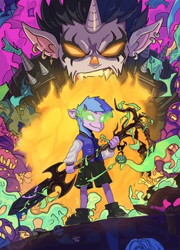 A vibrant, stylized illustration of a blue-haired character with glowing green glasses wielding a green-glowing weapon, set against a fiery background with a menacing demon-like face looming above.