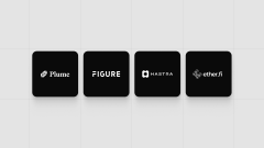 Four black square app icons displayed in a row, showing logos for Figma, Figure, Marketer, and what appears to be a Bitcoin-related app.