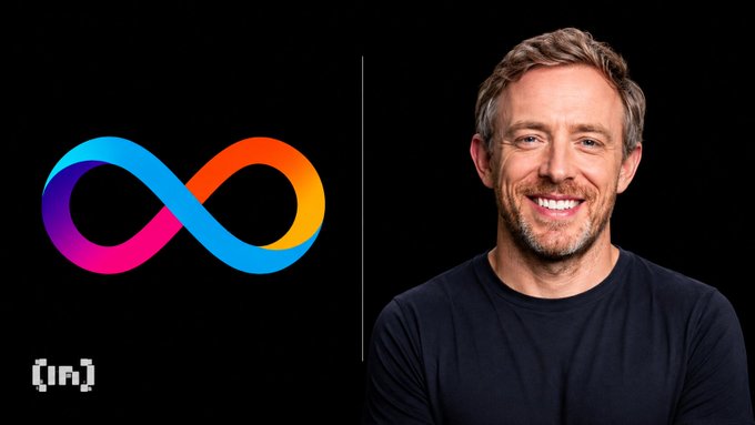 The image features a man with a big smile, wearing a black shirt, standing against a black background. The man's face is the main focus of the photo, which has a large graphic design of an infinity symbol above him. The text "Holy F*ck This is huge for DEFI and $ICP #decentralizedfinance" is also present in the image.