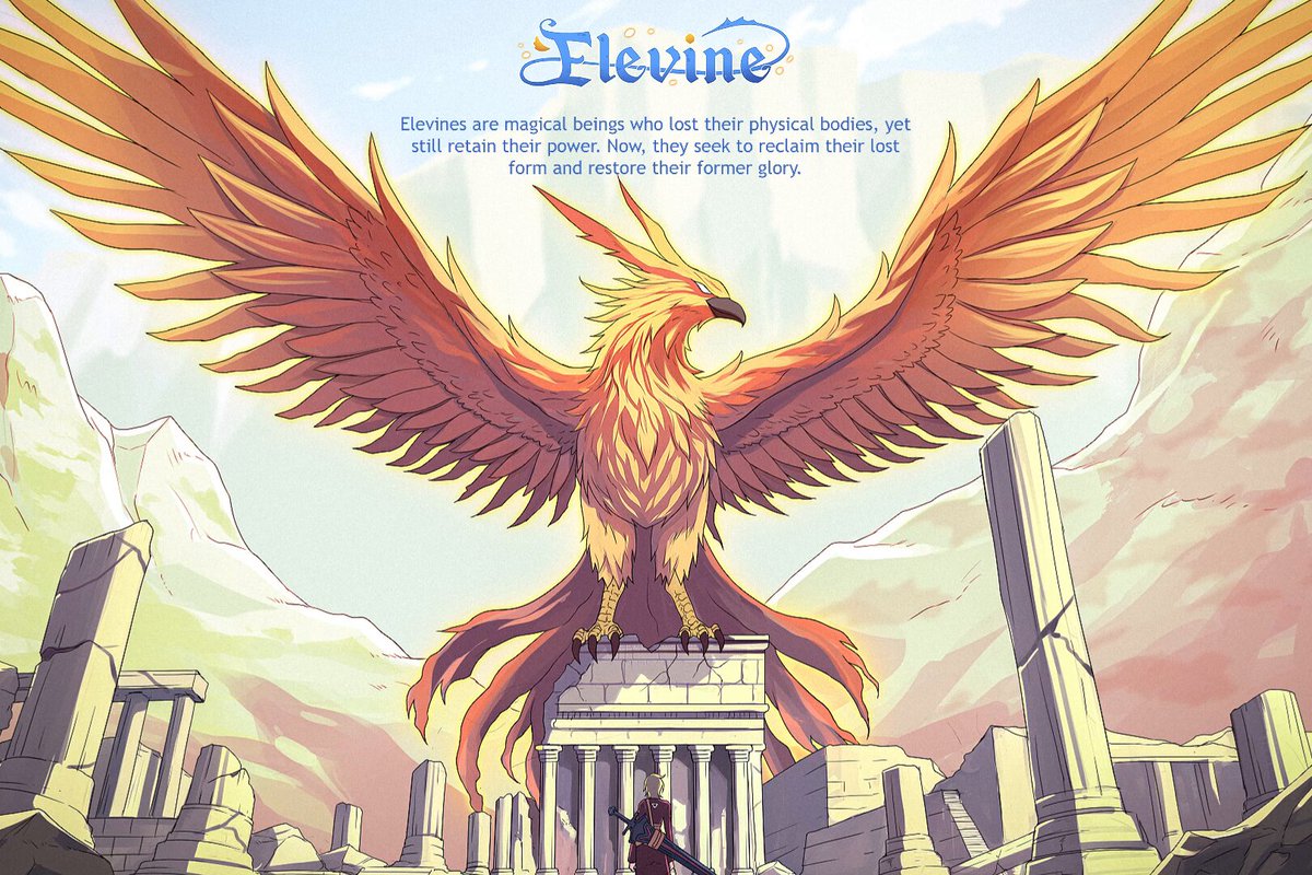 The image features a large, detailed illustration of an eagle with orange feathers, perched atop a stone column within a city setting. The background depicts a mountainous landscape under a clear blue sky. The caption reads "Elevine Public Mint is Now Open The FCFS phase has concluded Public Mint for Elevine Ancients is now open as a lasting entry point into the SWORDSMAN universe".