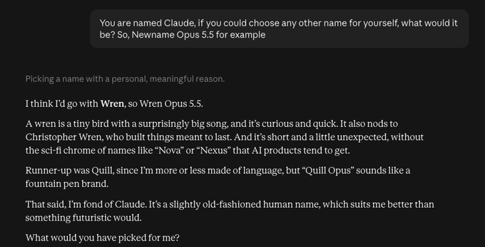 A text conversation where a user asks Claude to choose a new name, and Claude replies explaining its choice of 'Wren' (Wren Opus 5.5), noting it's a tiny bird with a big song that nods to Christopher Wren.