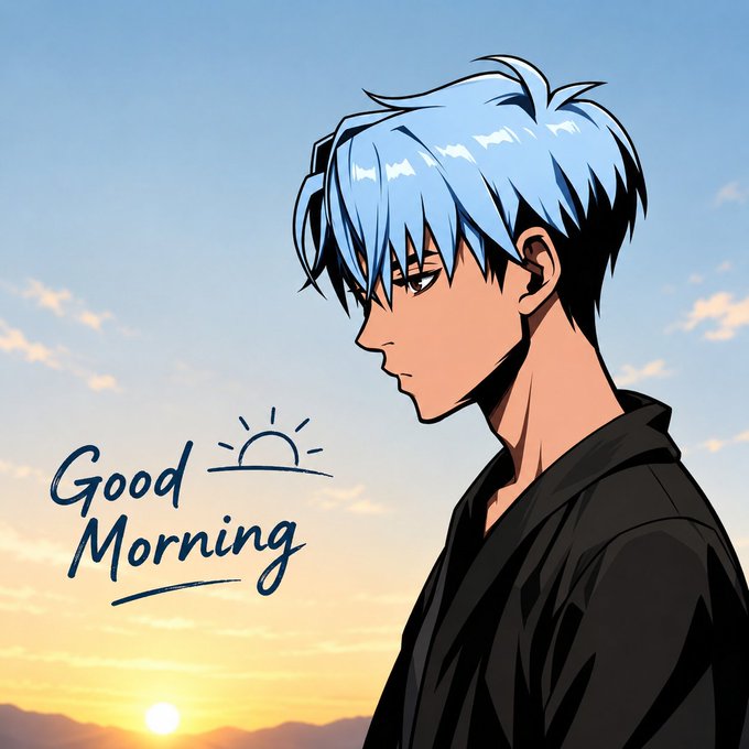 An anime-style profile portrait of a young man with light blue hair wearing a black shirt against a sunrise sky, with 'Good Morning' written alongside a sun graphic.