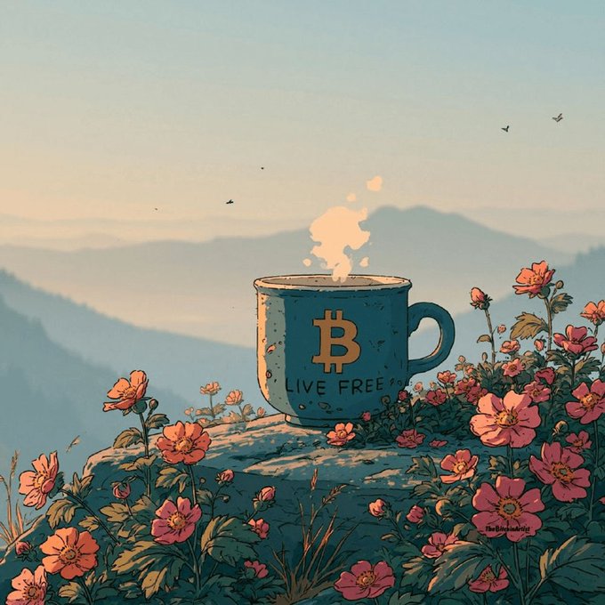 An illustrated scene of a steaming blue mug with the Bitcoin 'B' logo and 'LIVE FREE' text sitting on a rocky outcrop surrounded by pink flowers.