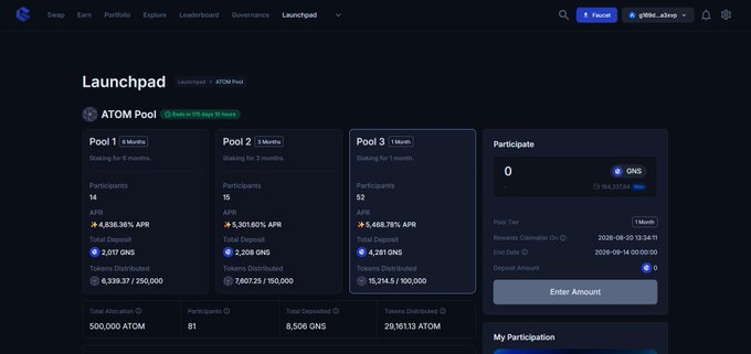 The image shows the Gnoswap Launchpad page for ATOM Pool, featuring three staking pools (Pool 1, Pool 2, and Pool 3) with varying durations, APRs ranging from 4,636.36% to 5,301.60%, and rewards denominated in GNS tokens—directly illustrating the post's tip about depositing GNS in Launchpad pools to grow one's GNS stack during Sapphire Rush.