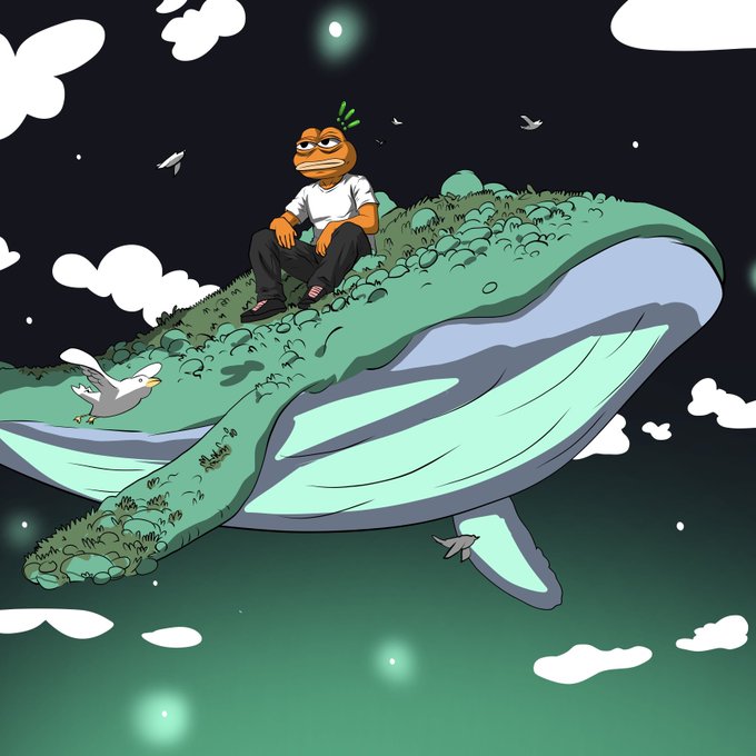 A cartoon frog-like character sits atop a massive whale flying through a starry night sky, with a seagull perched nearby—matching the playful "PEPONK" token theme celebrated by its MobyScreener verification announcement.