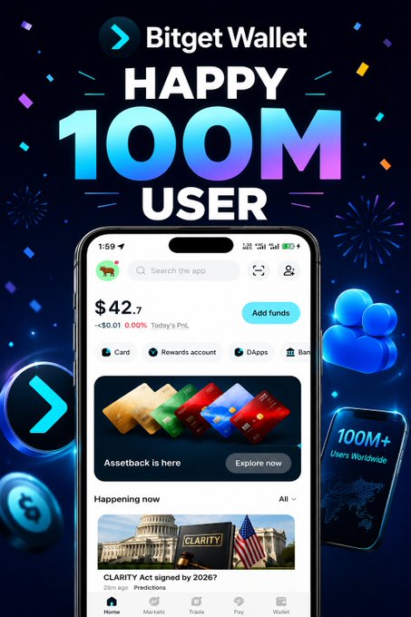 A promotional advertisement for Bitget Wallet celebrates reaching 'HAPPY 100M USER' displayed on a smartphone screen showing the app interface with 'CLARITY Act signed by 2026?' news.