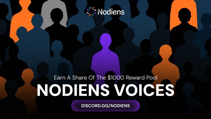 The image is a promotional banner for "Nodiens Voices," featuring silhouettes of a diverse crowd with one highlighted purple figure at the center, alongside the text "Earn A Share Of The $1000 Reward Pool" and the Discord link "DISCORD.GG/NODIENS" beneath the Nodiens logo. It visually reinforces the campaign's call to action, illustrating a community of participants where anyone can stand out by joining the Discord and completing the mission to earn part of the growing $1,000+ reward pool.