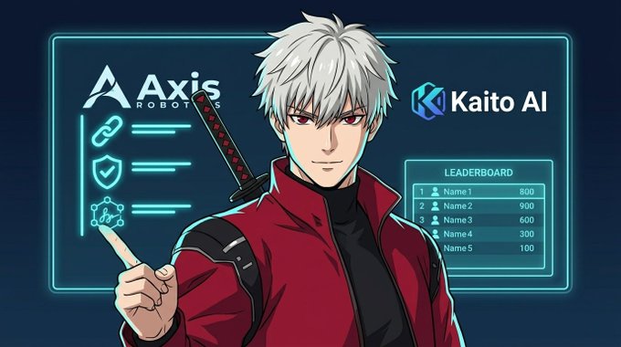 An anime-style character with white hair and a red jacket holding a sword, standing in front of a display featuring 'Axis Robot' and 'Kaito AI' logos with a leaderboard showing names and scores.