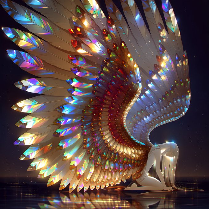 A luminous figure with massive, iridescent crystal-like wings kneels on a reflective surface, the rainbow-colored feathers radiating outward against a starry night sky.