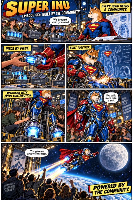 A comic book style illustration titled "SUPER INU - EPISODE SIX: BUILT BY THE COMMUNITY" showing a dog superhero resembling Superman being assembled with community contributions and flying to the moon.