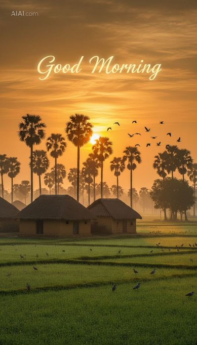 A golden sunrise over a rural village with thatched-roof huts, silhouetted palm trees, and birds flying across the warm sky, with the text "Good Morning" displayed at the top. The serene, hopeful scene perfectly complements the warm "Good morning web3" greeting, evoking a fresh start to the Tuesday ahead.