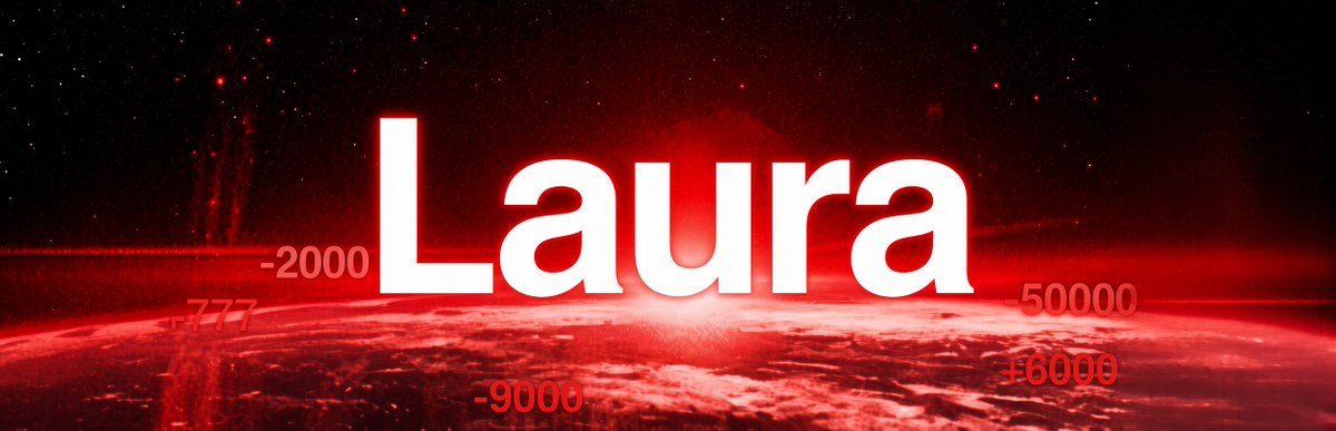 A dramatic image features the name "Laura" in large white text against a fiery red cosmic background with a planet's surface and starry sky, surrounded by scattered numbers like "-2000," "777," "-9000," "50000," and "-6000," reinforcing the post's viral TikTok trend about the "opposite of aura" tied to the $Laura crypto coin.