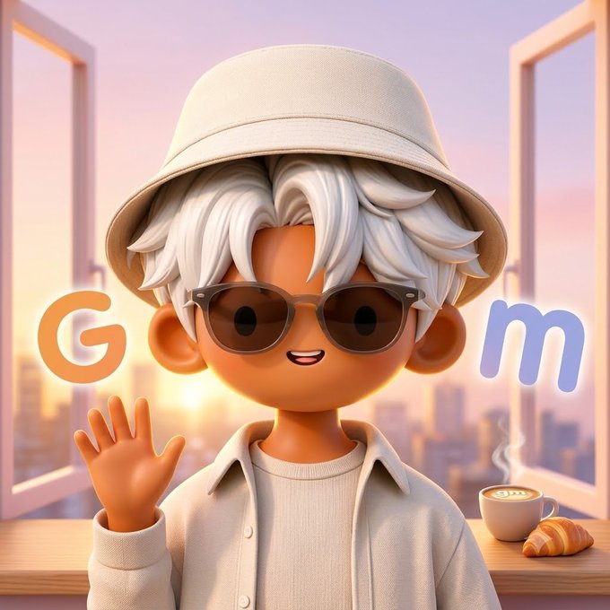 A 3D-styled cartoon character with white hair, sunglasses, and a bucket hat waves with both hands against a city skyline at sunrise, flanked by 'G' and 'm' letters and a coffee cup with a croissant.