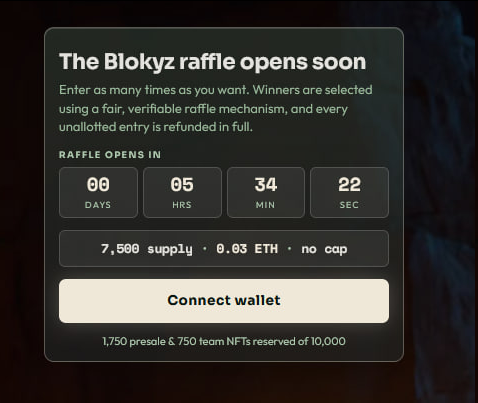 A promotional graphic for The Blokyz raffle displays a countdown timer showing 6 days, 5 hours, 34 minutes, and 22 seconds until it opens, with details indicating a 7,500 supply at 0.03 ETH per entry and no cap, alongside a "Connect wallet" button noting that 1,750 presale and 750 team NFTs are reserved out of 10,000.
