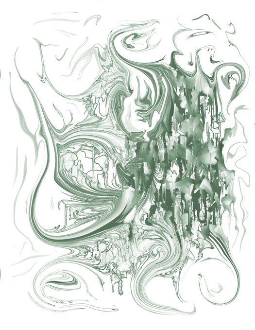 An abstract green and white digital art piece featuring swirling, smoke-like patterns with a textured, glitchy pixelated section in the center.