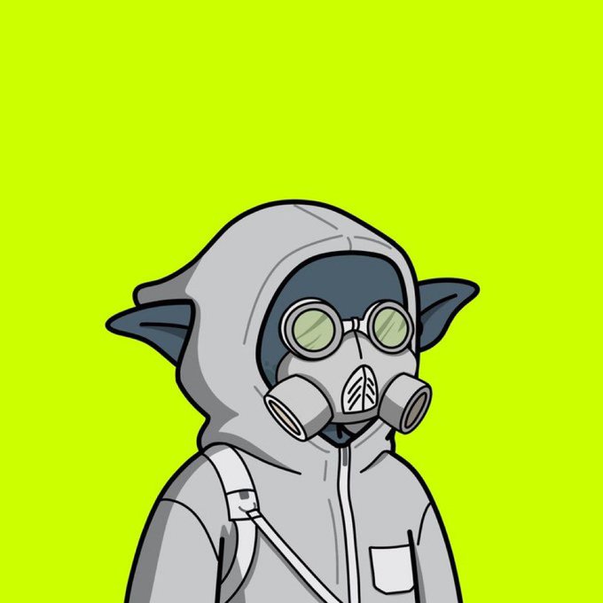An illustrated character with large pointed ears wearing a grey hooded hazmat suit with a gas mask and goggles, set against a bright yellow-green background.