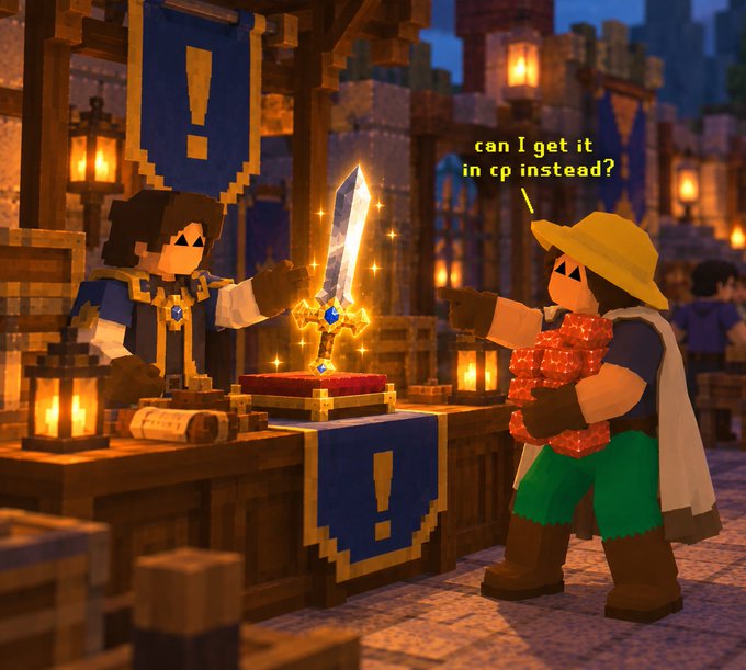 A meme based on the video game Minecraft shows a villager merchant holding a glowing golden sword over a pedestal, while a player character on the right holds a stack of red blocks and asks, 'can I get it in cp instead?'