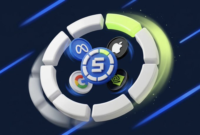 A 3D graphic displays a casino chip logo at the center of a rotating white and green poker chip, surrounded by smaller icons for Meta, Apple, Google, and NVIDIA against a streaking blue background.