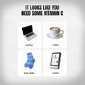 The image features a square with four smaller images, each representing a different aspect of daily life related to health and wellness. The first image shows an open laptop computer, while the second image displays a cup of coffee. The third image depicts a pair of socks, and the fourth image showcases a book or e-reader. These objects are arranged in a square format with four smaller images within each larger image, creating a visually appealing layout that highlights various aspects of daily life related to health and wellness.