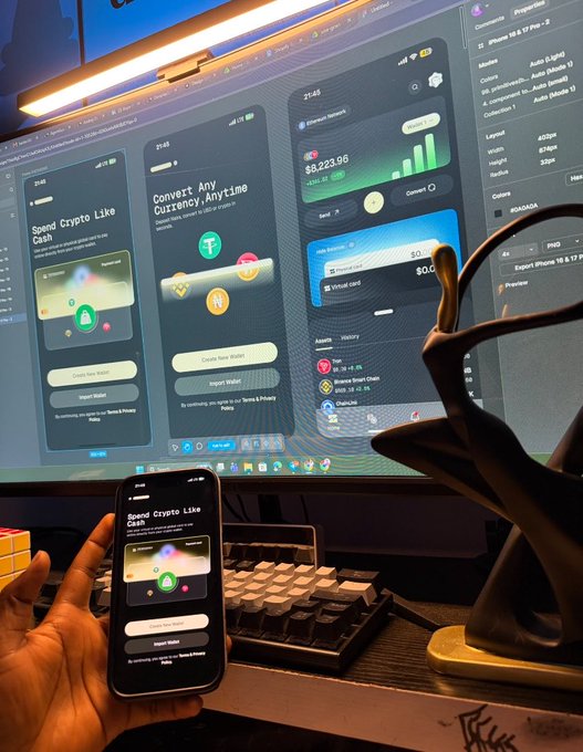 A hand holds a smartphone displaying a "Spend Crypto Like Cash" wallet app in front of a monitor showing multiple crypto-related mockups, with Ethereum and Bitcoin icons visible alongside a balance of $6,423.96. The setup suggests end-of-day wrap-up content for crypto traders, tying into the "GN CT (goodnight crypto Twitter)" closing message.