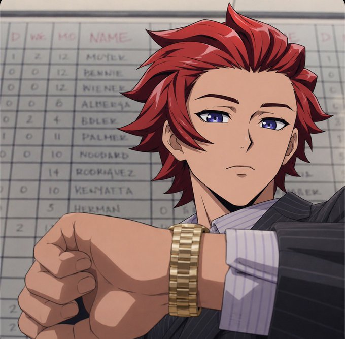 An anime-style character with red hair, blue eyes, and a gold watch checks the time in front of a whiteboard displaying a schedule with names like MULLY, BENNIE, WIENER, ALMERIA, EDLEV, PALMER, WOODARD, RODRIGUEZ, VERMATTA, and HERMAN.