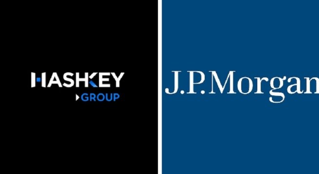 The image shows the logos of HashKey Group and J.P. Morgan, representing a reported collaboration that could integrate regulated crypto platforms with traditional banking.