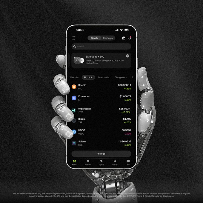 A robotic hand holds a smartphone displaying The New Money App's crypto exchange interface at 08:36, showing top gainers including Bitcoin ($70,958.11, +4.69%), Ethereum ($2,066.77, +3.58%), Hyperliquid ($35.0837, +13.77%), Ripple ($1.402, +4.05%), USDC ($0.9997), and Solana ($86.9633, +3.98%). The robotic gripper visually reinforces the post's theme of "agentic economy" while the early-morning timestamp supports the caption about spotting gainers before users wake.