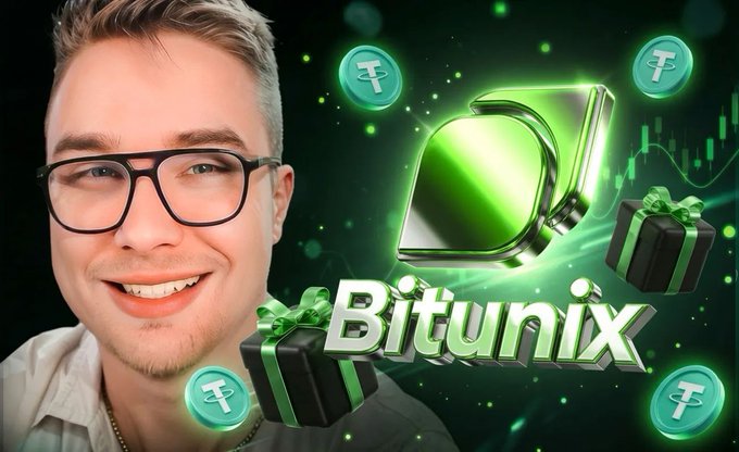 The image shows a man wearing glasses standing against a dark background with his face visible above him. In front of him, there are multiple green coins scattered around. Below the man's head, there are several green gift boxes placed at different positions in the photo. On top of all this, there is an advertisement for an online trading platform called Bitunix that promotes itself as a virtual currency exchange and digital asset marketplace offering rewards to its members who trade Bitcoin and other digital assets. The content of the post suggests it is promoting Bitunix's services or features related to cryptocurrencies and possibly even offering some form of reward system for active users.