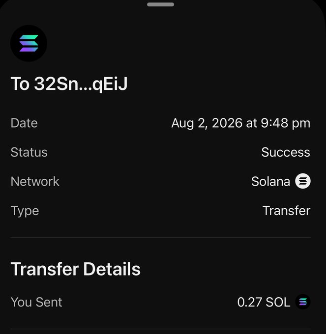 The image is a Solana transaction confirmation showing a successful transfer of 0.27 SOL sent to address "32Sn...qEiJ" on August 2, 2026, serving as proof of payment to the first contest winner referenced in the post.