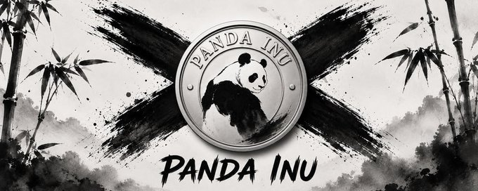 The image features a black and white poster with a panda bear in the center, surrounded by bamboo trees. The text "Panda Inu" is written above the panda bear, and there are two coins placed below the panda bear on the poster. The background of the poster has a watercolor-like effect, giving it an artistic touch.