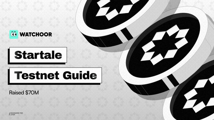 This image promotes Watchoor's new "Startale Testnet Guide", highlighting that Startale has raised $70M. The image visually represents this by showing several coins with a star-like symbol, suggesting a cryptocurrency or project launch.