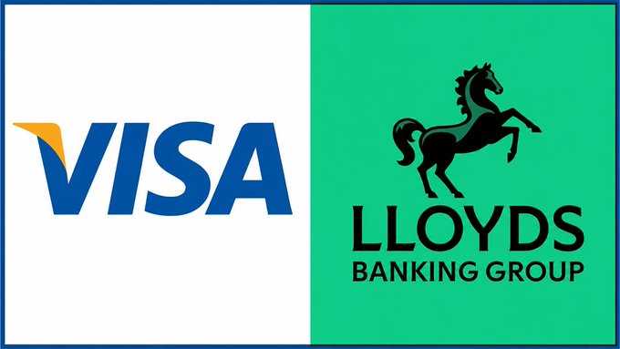 The logos of Visa and Lloyds Banking Group (featuring a black horse) displayed side by side, Visa on white background and Lloyds on green background.