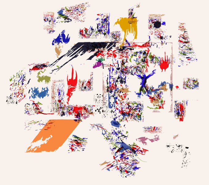 An abstract artwork featuring colorful splashes, drips, and brushstrokes in red, blue, green, yellow, and black scattered across a cream background.