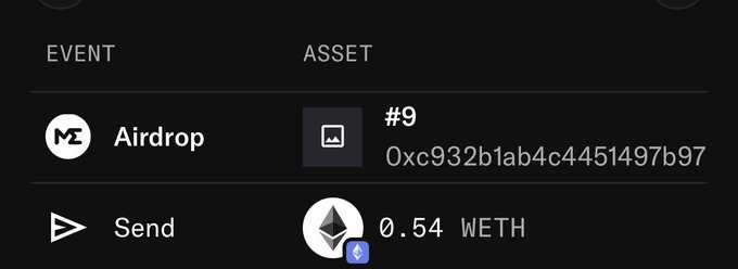 A digital wallet interface displays 'Airdrop' and 'Send' options, with asset #9 and a balance of 0.54 WETH (Ethereum).