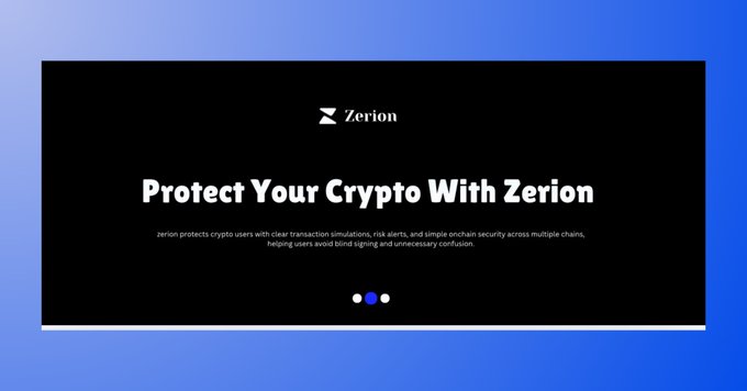 The image displays a black slide with the "Zerion" logo at the top, featuring the headline "Protect Your Crypto With Zerion" and subtitle explaining that Zerion protects crypto users through clear transaction simulations, risk alerts, and simple on-chain security across multiple chains. The slide relates to the post by highlighting Zerion's solution to the problem of blindly signing transactions, addressing the difficulty most people face in interpreting the confusing hex data that other wallets display.
